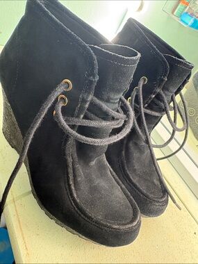 Michael Kors Black Suede Lace-Up Wedge Ankle Boots